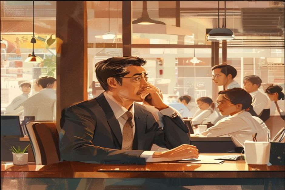 深く考える経営者と多様なスタッフ