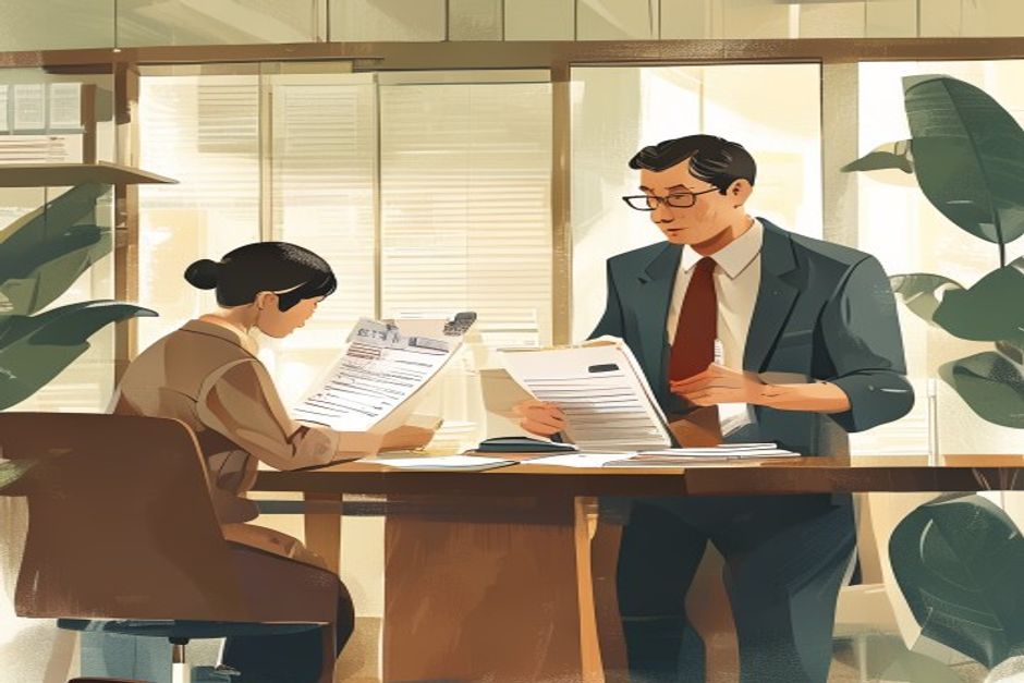 ビザ書類を確認する外国人材と日本企業担当者のイラスト