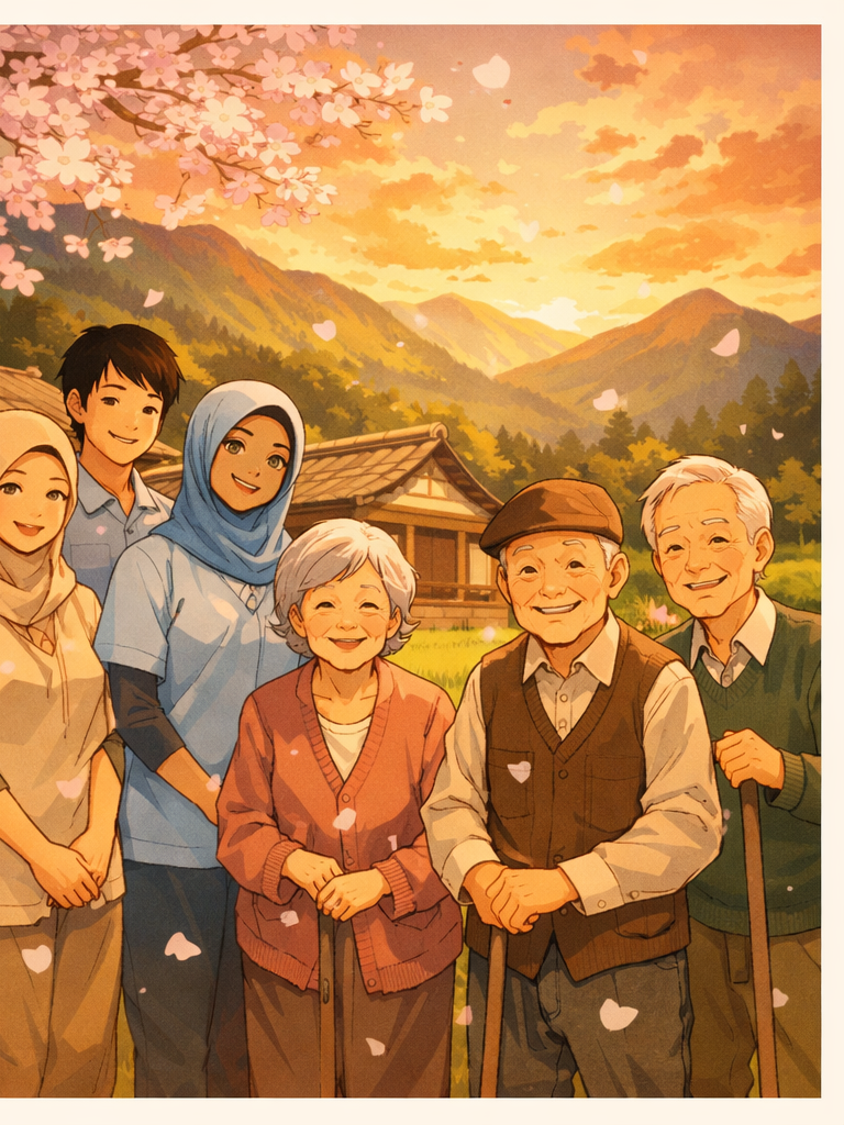 地方の介護施設前でインドネシア人スタッフと高齢者が笑顔で集合