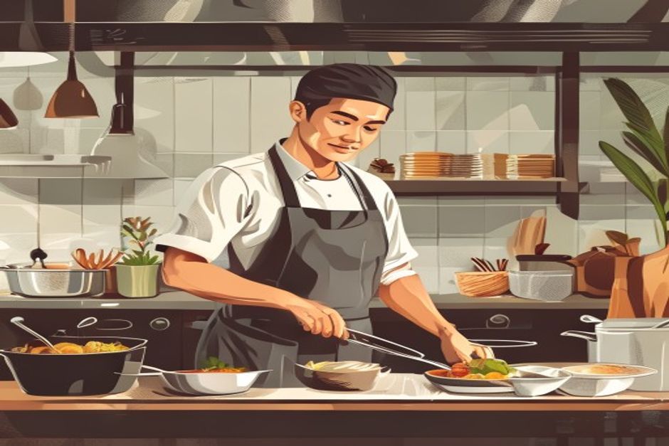 日本の飲食店厨房で調理するインドネシア人スタッフ