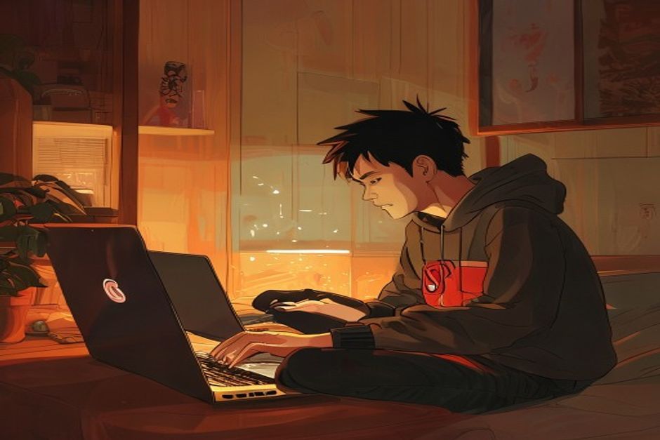 アニメを観るインドネシアの若者のイラスト